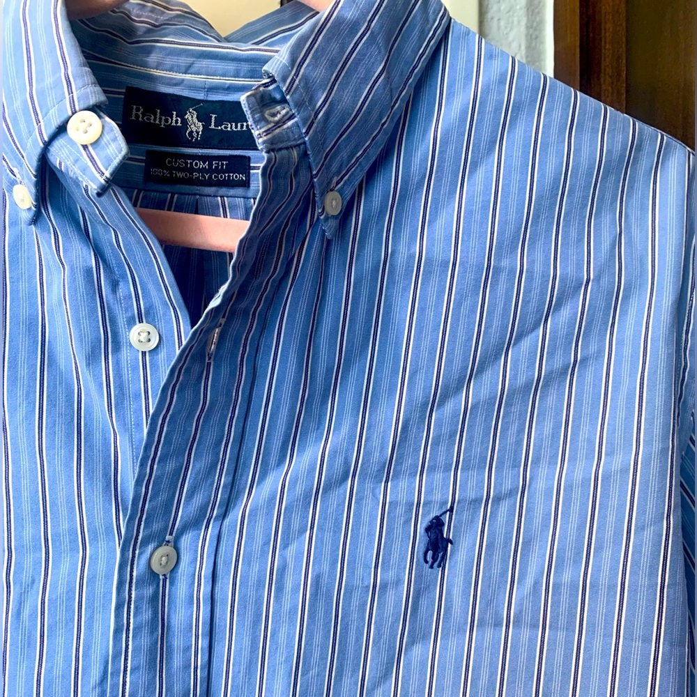 Men’s Blue and White striped button down polo